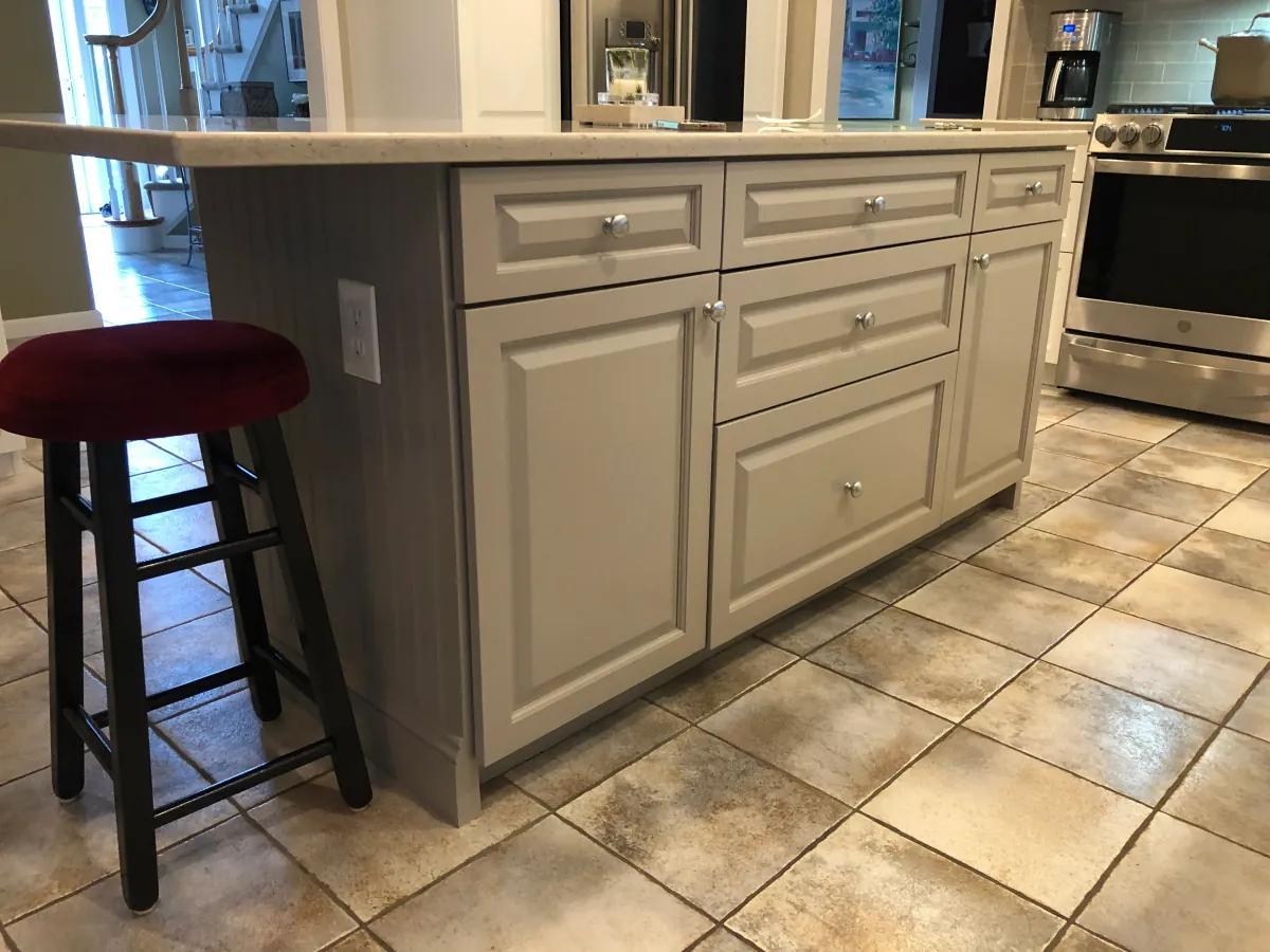 Kitchen cabinet painting project in Massachusetts — refinished gray cabinets